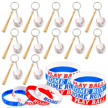 24 Pieces Baseball Party Supplies Include 12 Pieces Baseball Silicone Bracelets Baseball Wristbands 12 Pieces Baseball Keychains For Birthday Party School Party Favors(Vibrant Style)
