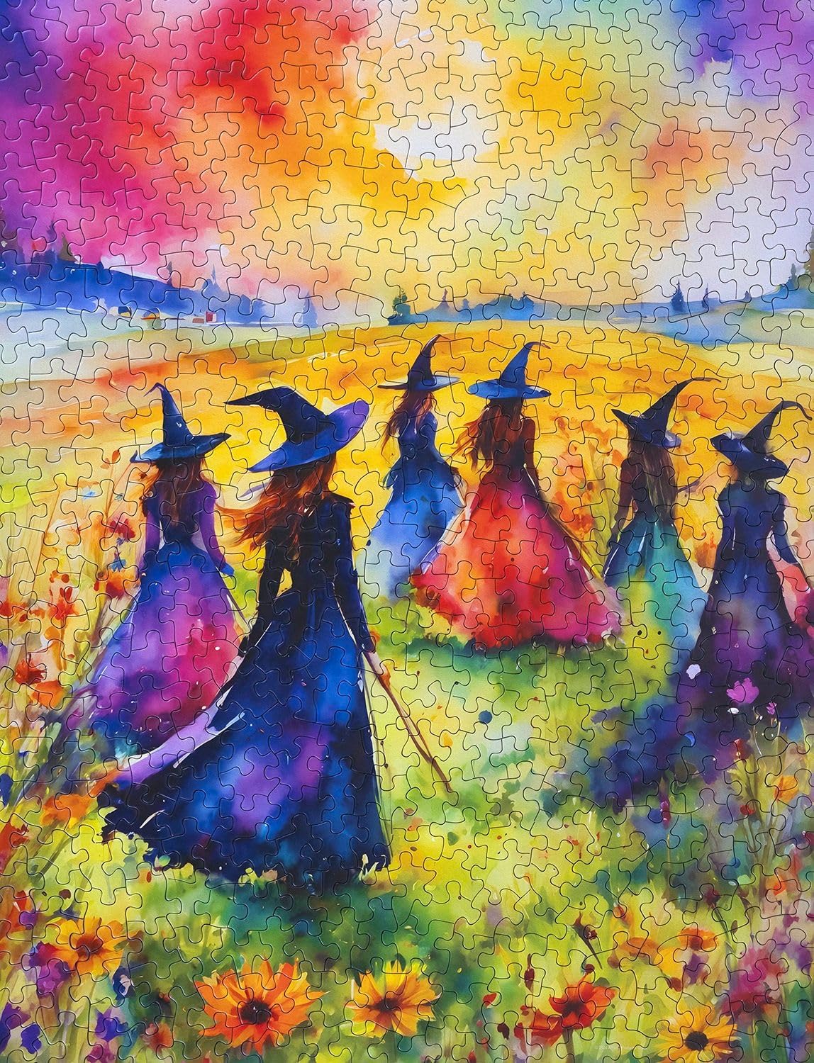 Springbok 500 Piece Puzzle - Watercolor Witches Gathering in Blossoming Field, Cardboard Construction, Model 091683017140