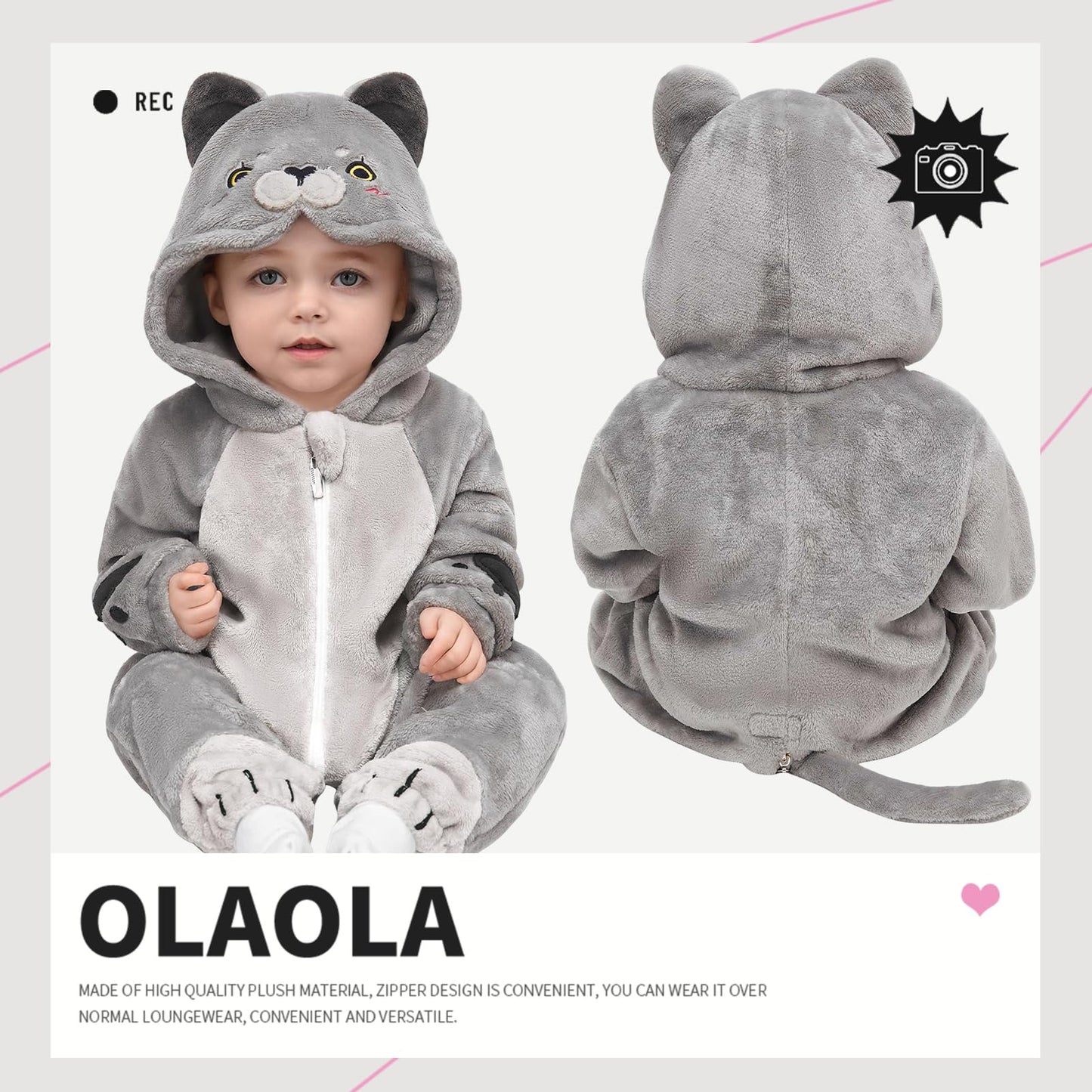 OLAOLA Baby Animal Costume Onesie, Unisex Toddler British Shorthair Cat Romper, Plush Cosplay Dress Up Infant Outfits Halloween