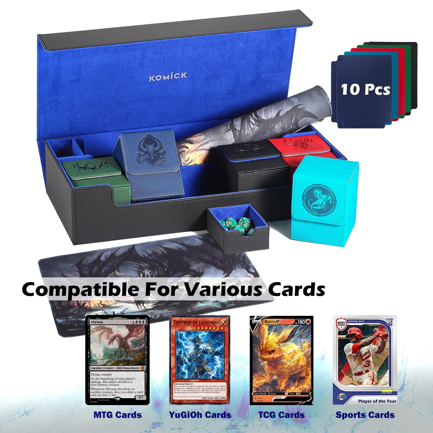 Komick Ultimate 6-in-1 Card Deck Box Set with Playmat Dice Tray, Large MTG Card Storage Box with 5 PCS Deck Case 2400+ Unsleeved