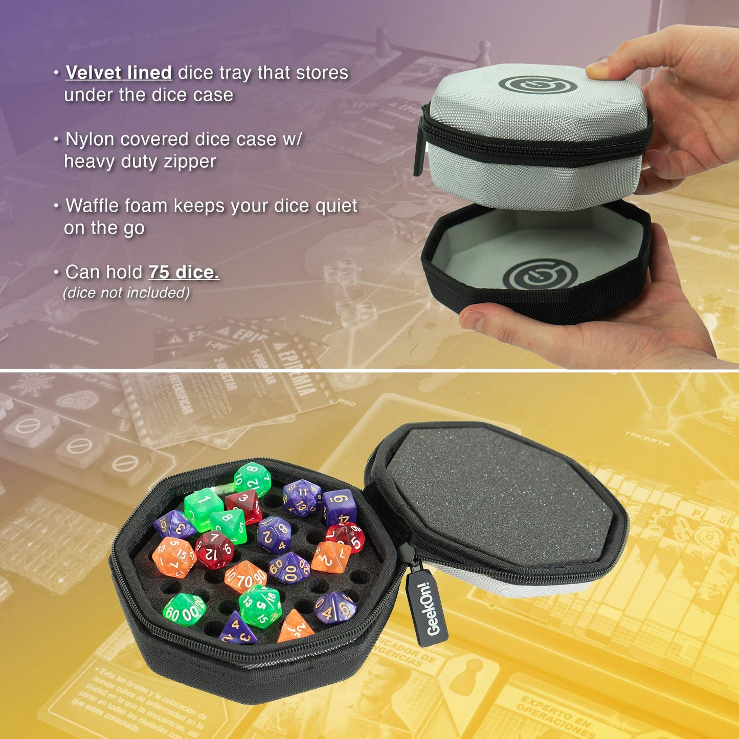 Geekon Protective Padded Dice Case & Integrated Felt Dice Tray For Board Games, Tabletop Games And Rpgs - Holds & Protects Over 75 Dice! Perfect For Game Night! (Gray)