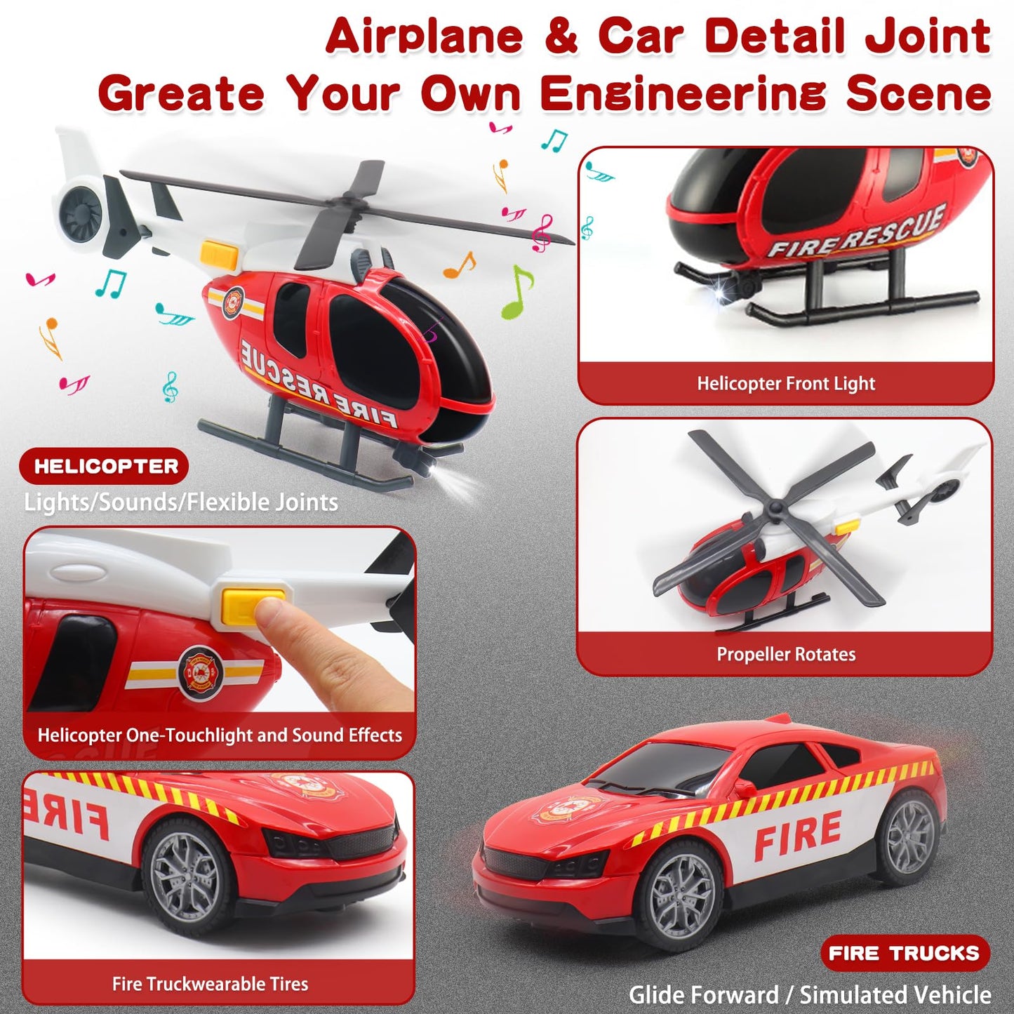 Yiwsnust Large Flatbed Semi Truck Toy For Kids, 25.6 Big Fire Truck Toy With Flatbed Trailer, Helicopter And Fire Police Car, Fr