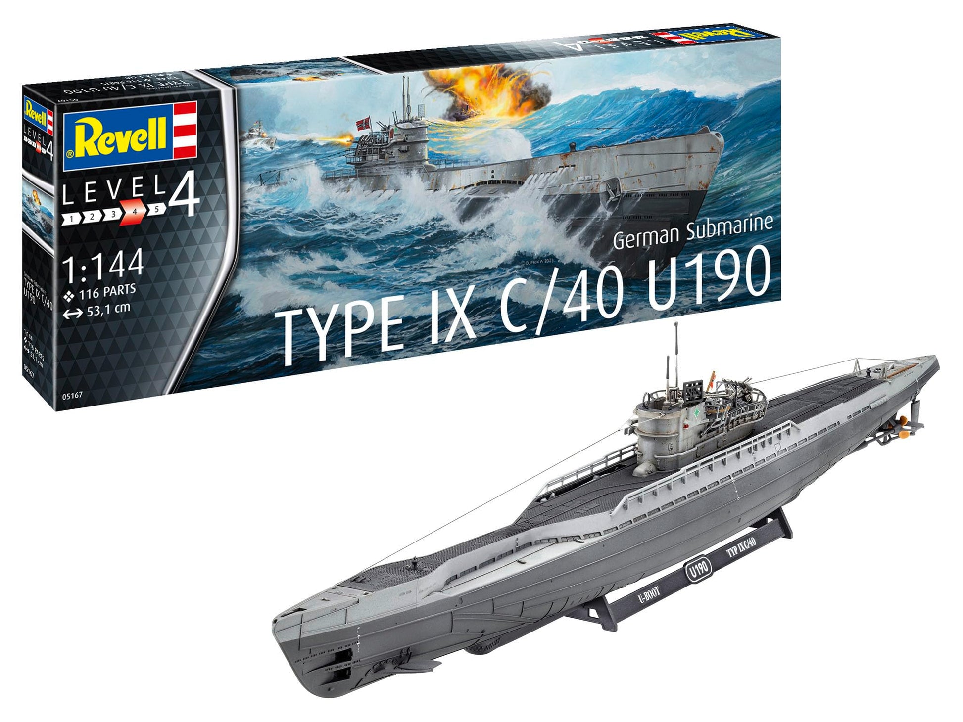 Revell RV05167 Kit 1:144-German Submarine Type IX C/40 (U190), Unpainted