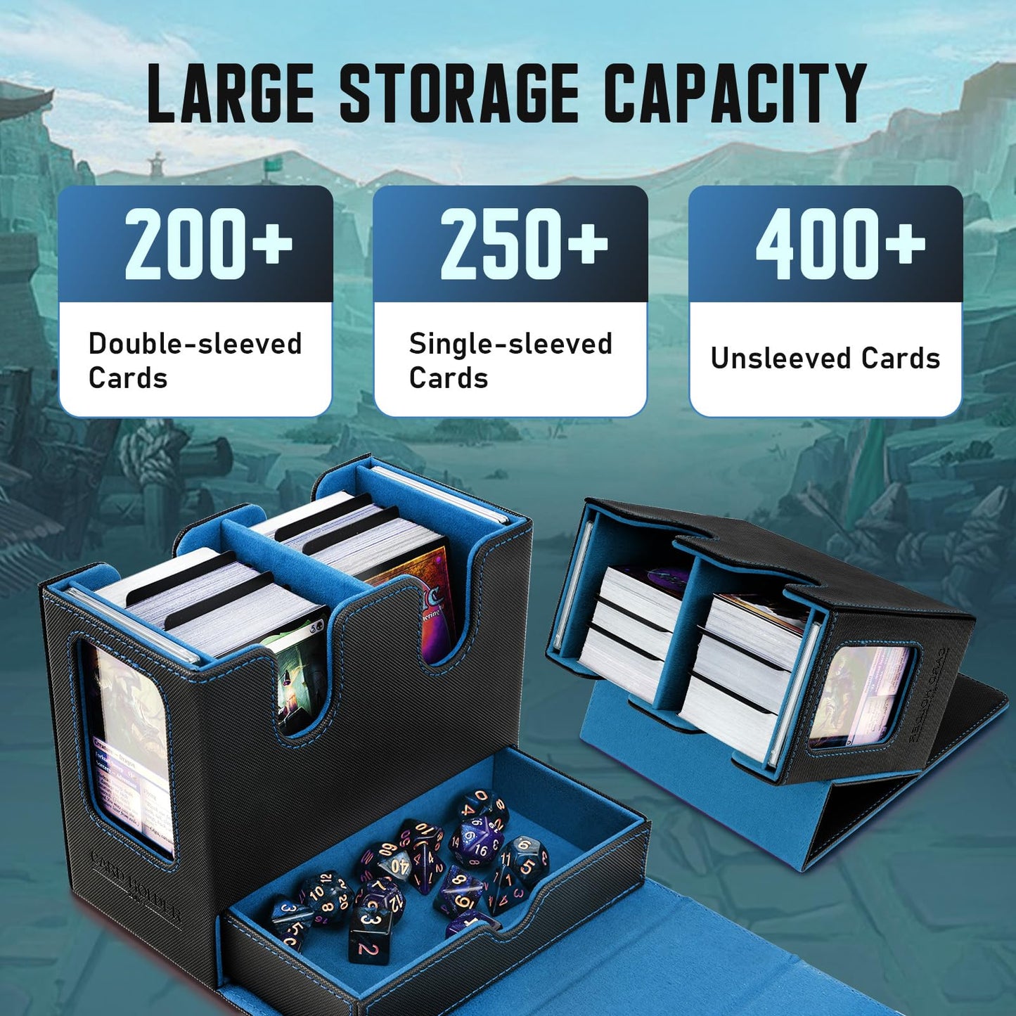 TiMOVO MTG Deck Box  MTG Commander Card Deck Box with Commander Display & Dice Tray Fits 400+ Unsleeved Cards  Leather Magnetic Card Storage Case with 6 Dividers for TCG CCG Magic Cards  Black+Blue