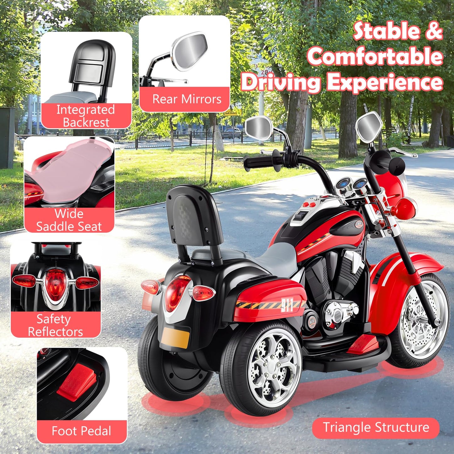Costzon Kids Motorcycle, 6V Battery Powered Ride On Chopper Motorcycle W/Horn, Headlight, 3-Wheel Stable Ride On Toys, Electric