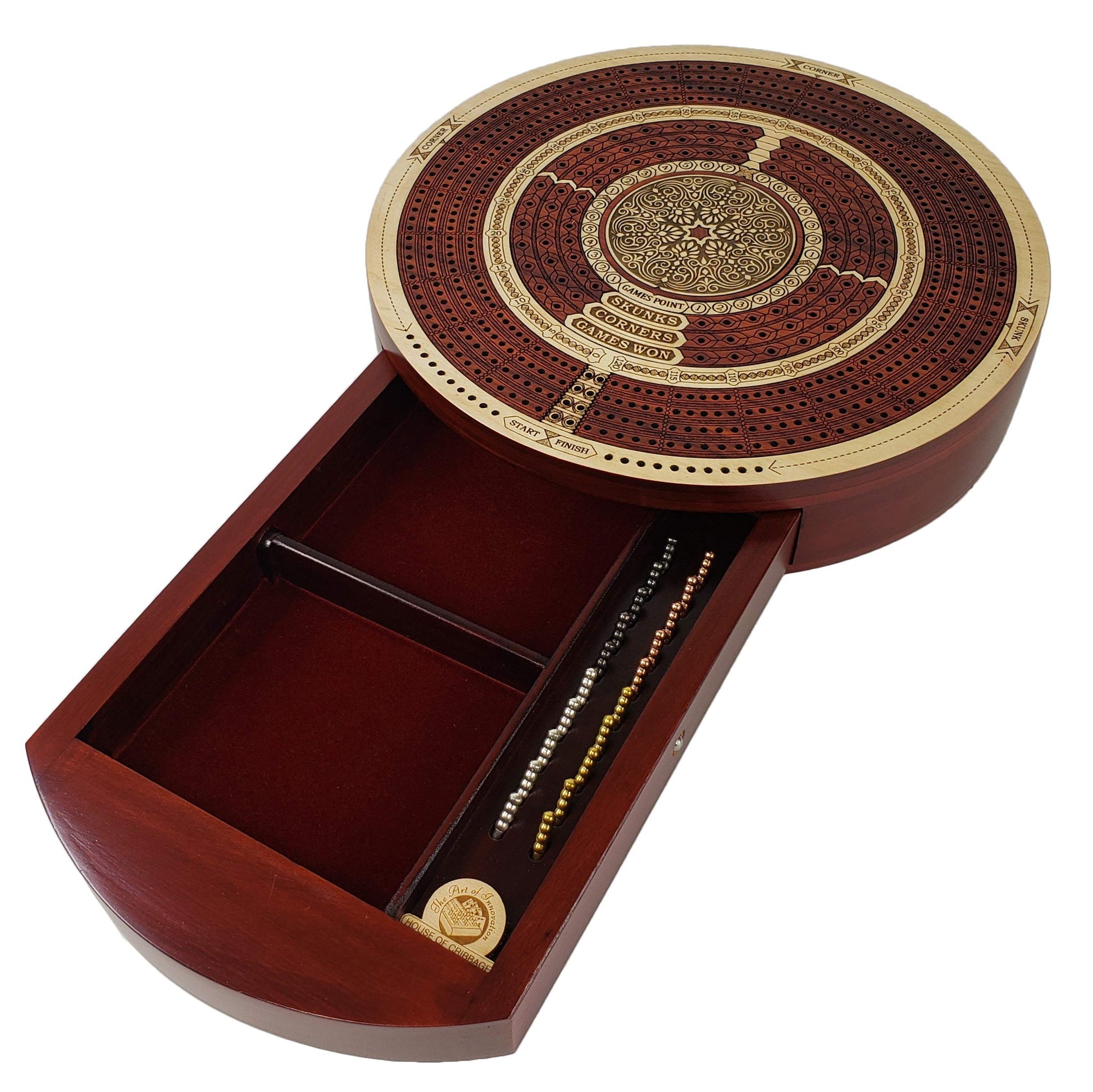 Round 4 Track Continuious Cribbage Board W/Card Storage Drawer Bloodwood Tracks on White Maple - Corners  Skunks & Games Won