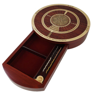 Round 4 Track Continuious Cribbage Board W/Card Storage Drawer Bloodwood Tracks on White Maple - Corners  Skunks & Games Won