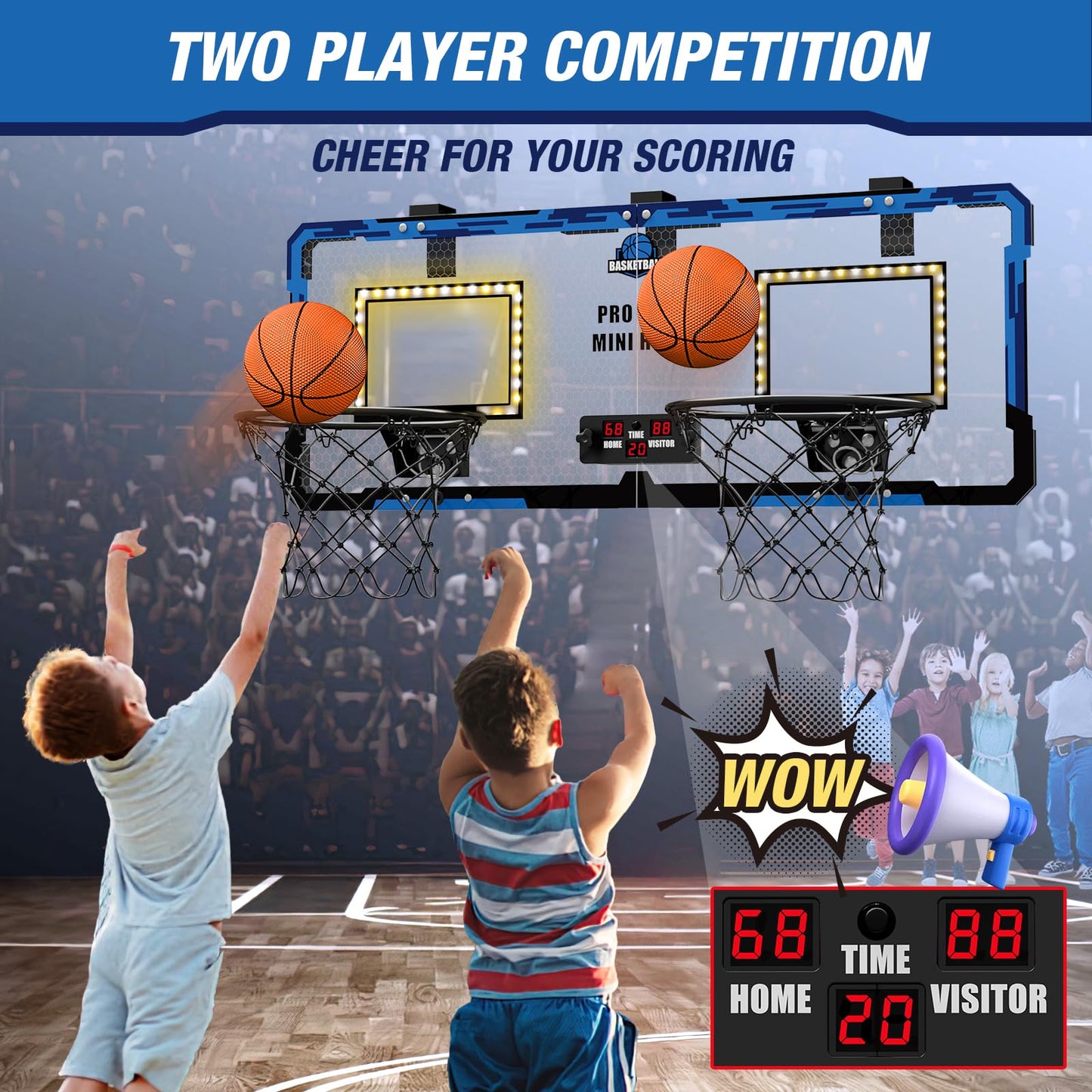 Hyes 2 Player Basketball Game, Dual Shot Over The Door Mini Basketball Hoop Indoor With Scoreboard & Led, Basketball Toy Gifts F
