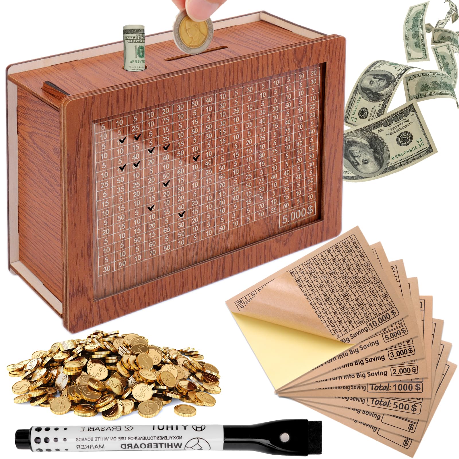Aiersa Cash Vault Wooden Money Saving Box, Cash Savings Box For 10000 5000 3000 2000 1000 500 Money Saving Challenge,Piggy Money Bank For Adult Money Savings With Dry Erase Pen, Blank Savings Tracker