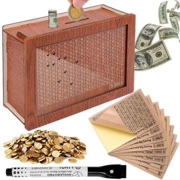 Aiersa Cash Vault Wooden Money Saving Box, Cash Savings Box For 10000 5000 3000 2000 1000 500 Money Saving Challenge,Piggy Money Bank For Adult Money Savings With Dry Erase Pen, Blank Savings Tracker