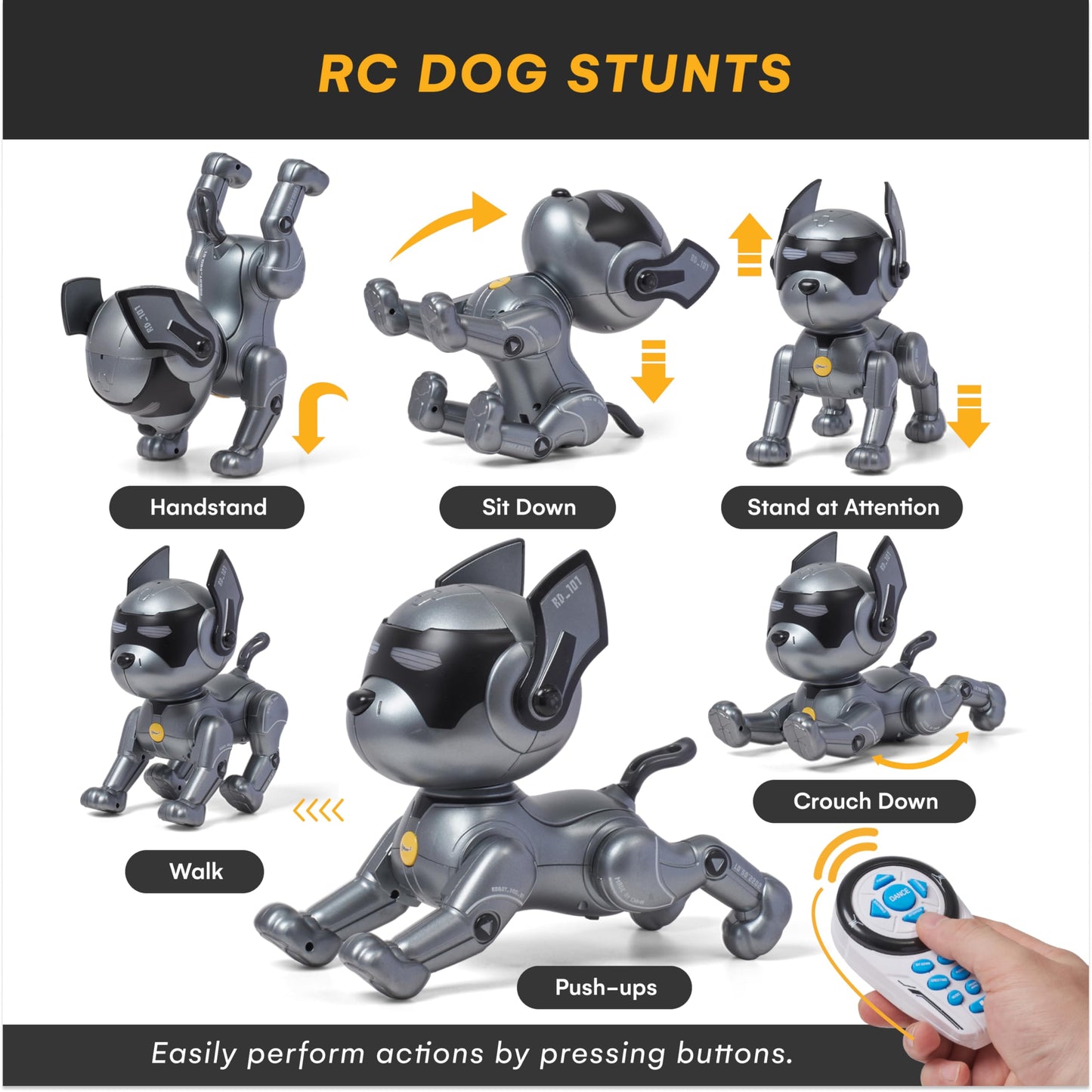 Top Race Robot Dog Toy - Interactive Fun And Educational Stem Remote Control Robot Toy For Kids - Dances, Sits, Stands, Barks, Walks - Rechargeable - Plastic Pet Robot - Dark Grey