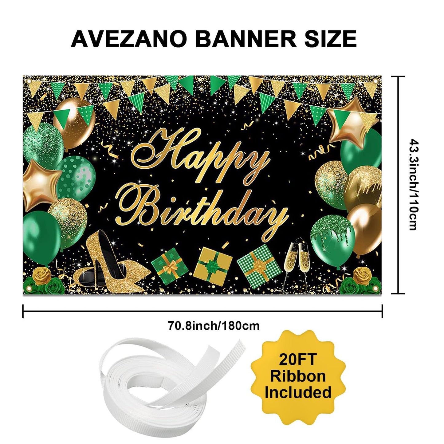 Avezano Green Happy Birthday Banner Green Gold Black Happy Birthday Backdrop Glitter Bday Party Decorations for Women 6 x 3.6 ft