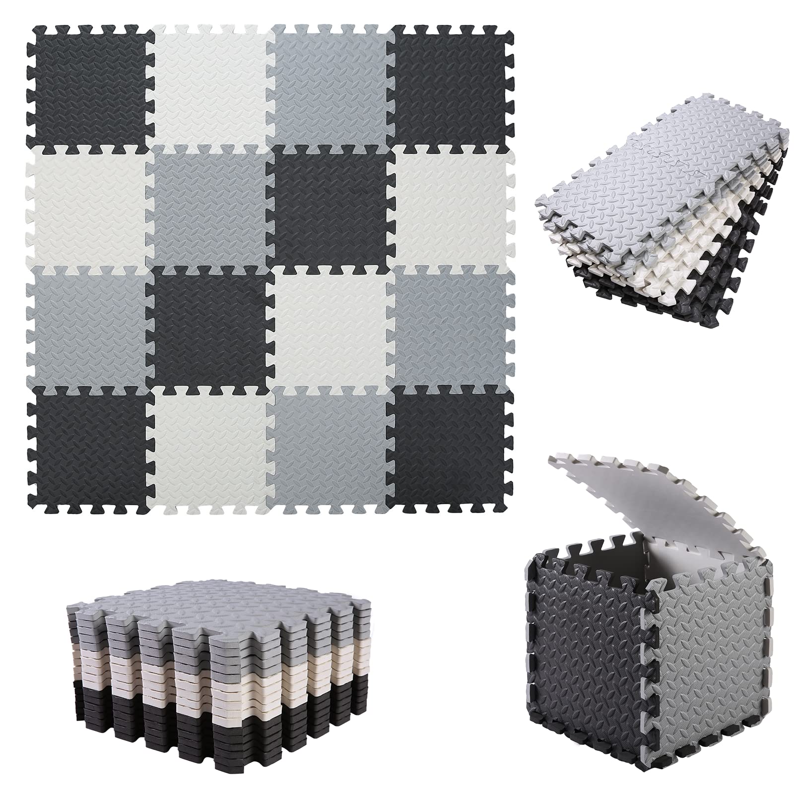 Tamiplay 16 Tiles Foam Play Mat, 0.4 Inch Thicked Interlocking Floor Mats With Solid Colors, Squares Baby Play Mat, Eva Foam Puzzle Floor Mat Foam Mats For Toddlers(White/Black/Gray)