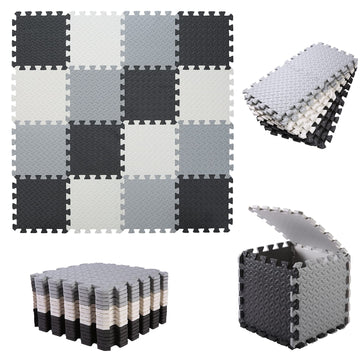 Tamiplay 16 Tiles Foam Play Mat, 0.4 Inch Thicked Interlocking Floor Mats With Solid Colors, Squares Baby Play Mat, Eva Foam Puzzle Floor Mat Foam Mats For Toddlers(White/Black/Gray)