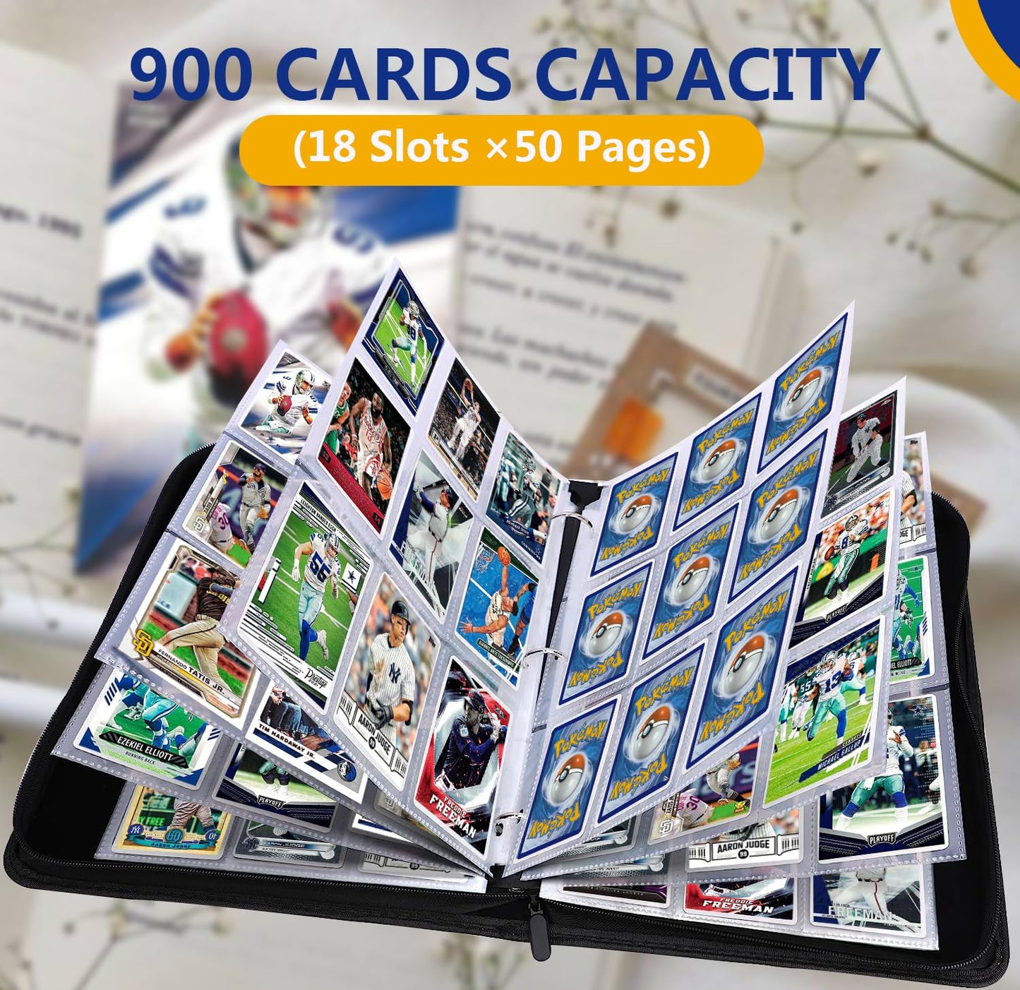 Hesplus Trading Card Binder, 900 Pockets Sleeves With Zipper, Double Sided Pocket Pu Card Collection Binder, Collector Card Albu