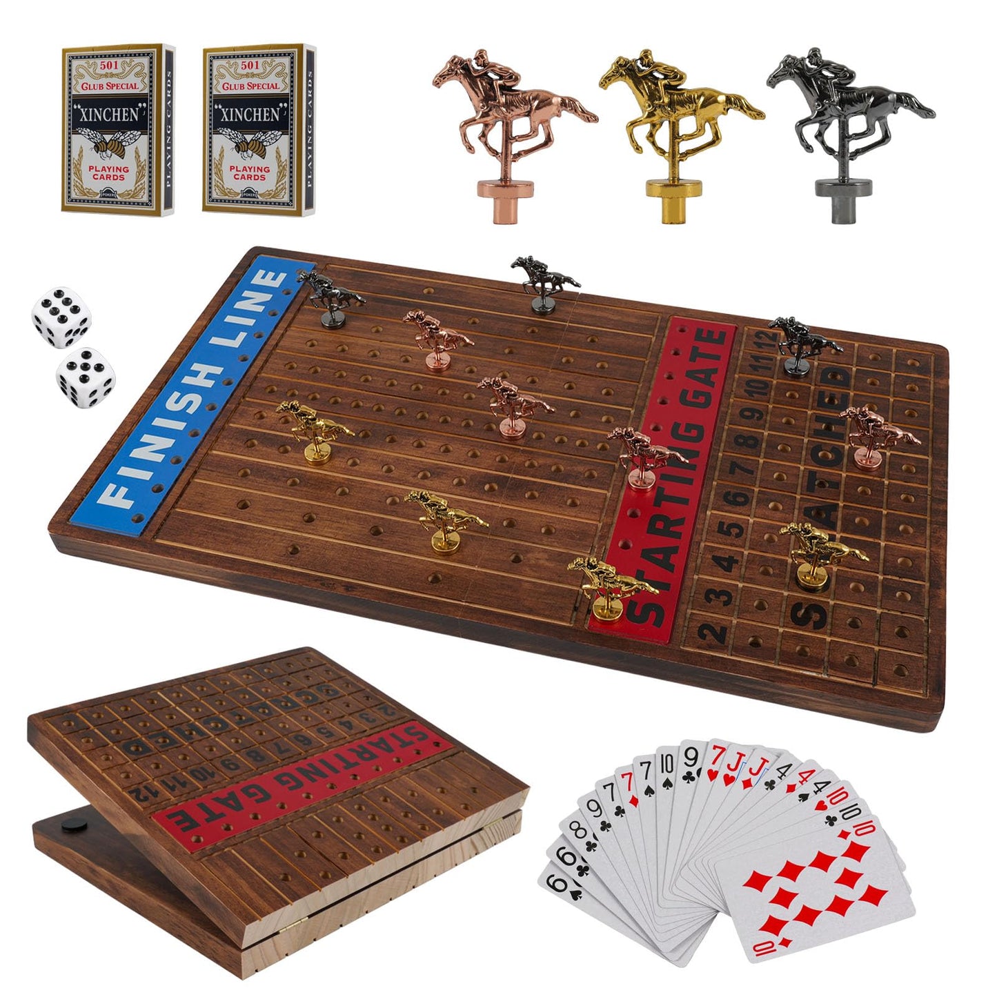 Wahartoly 21 In Large Luxury Thickened Wood Foldable Horse Race Board Game Finish Line Game With 11 Metal Model Horses 2 Sets Of