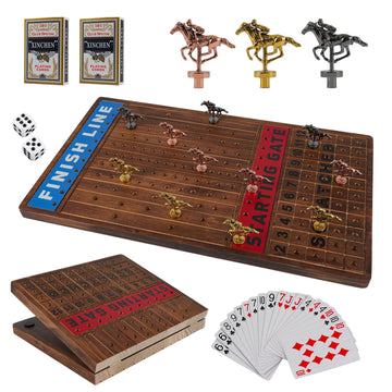 Wahartoly 21 In Large Luxury Thickened Wood Foldable Horse Race Board Game Finish Line Game With 11 Metal Model Horses 2 Sets Of