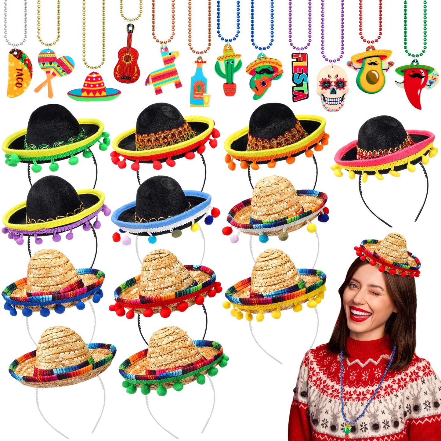 Riceshoot 24 Pcs Mexican Fiesta Party Supplies 12 Sombrero Headbands 12 Cinco de Mayo Necklaces Party Favors for Kids Teens Birt