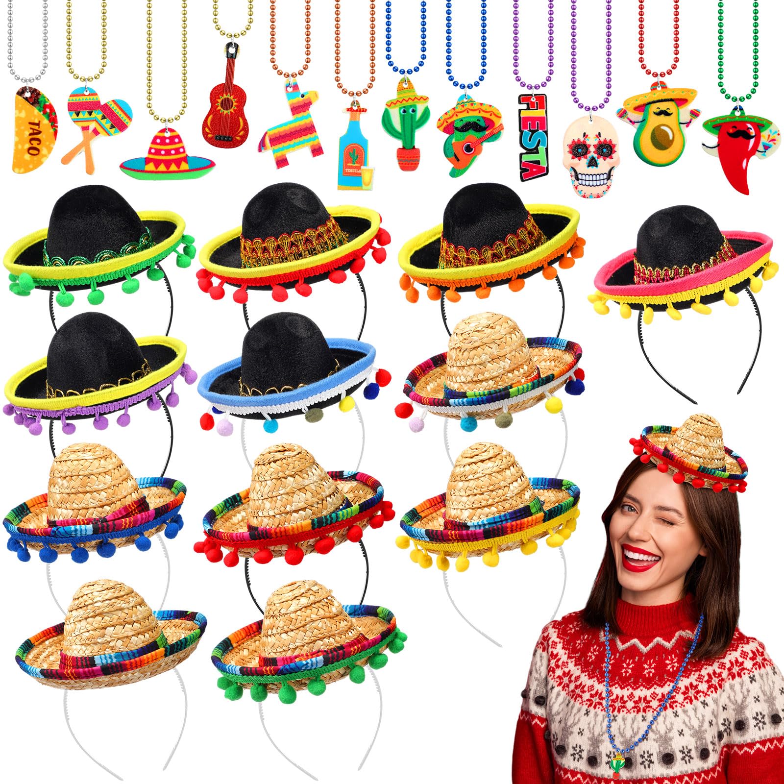 Riceshoot 24 Pcs Mexican Fiesta Party Supplies 12 Sombrero Headbands 12 Cinco de Mayo Necklaces Party Favors for Kids Teens Birt