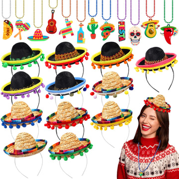 Riceshoot 24 Pcs Mexican Fiesta Party Supplies 12 Sombrero Headbands 12 Cinco de Mayo Necklaces Party Favors for Kids Teens Birt