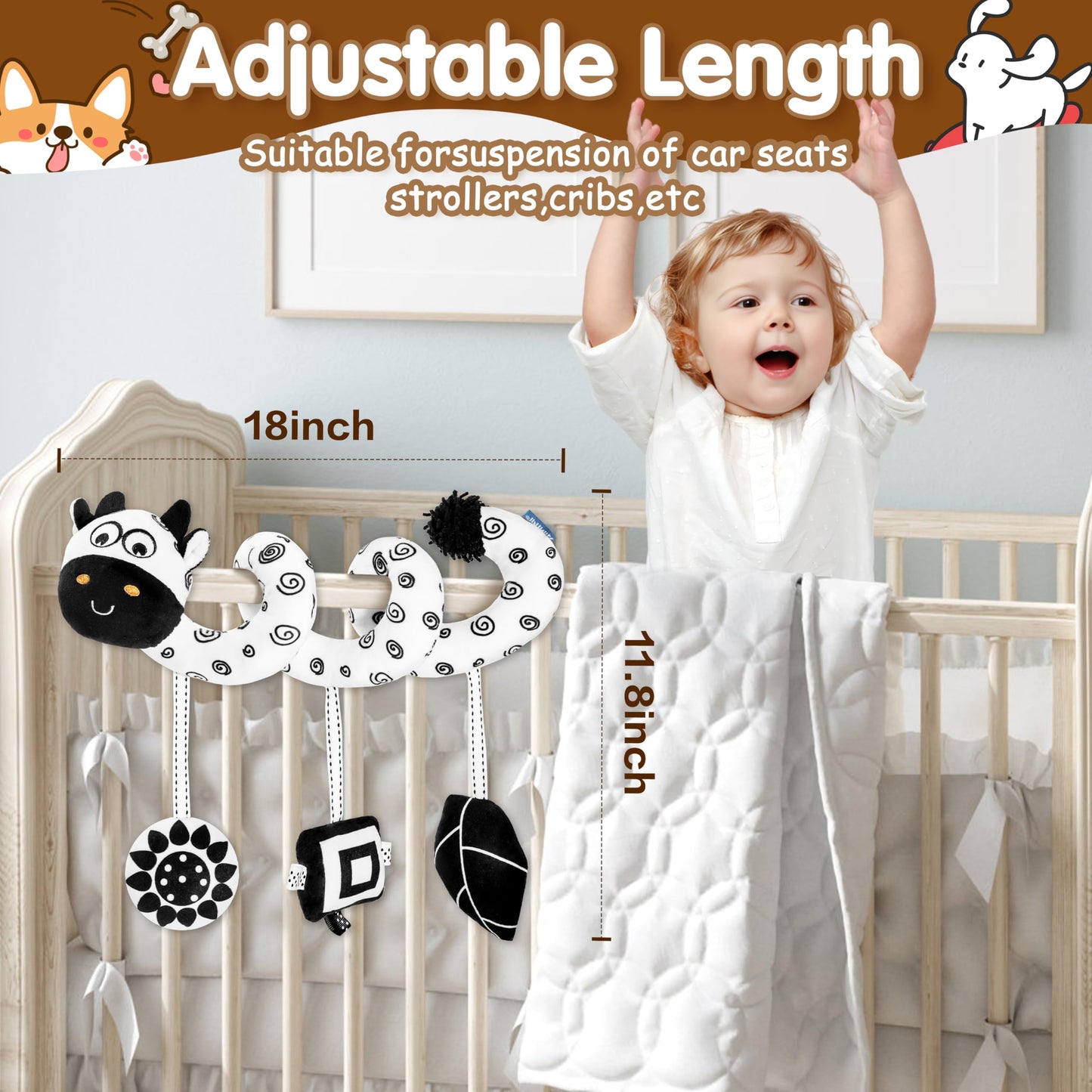Tsyan Car Seat Toys For Babies 0-6 Months,Hanging Rattle Toys For Crib Mobile, Baby Spiral Hanging Stroller Black And White High