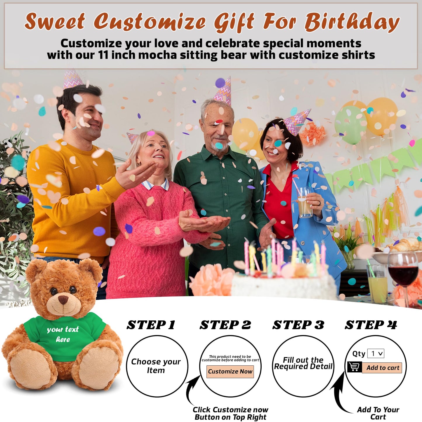 Plushland Teddy Bear 11 Inch, Stuffed Animal Personalized Gift - Great Present For Mothers Day, Valentine, Graduation, Birthday,Anniversary, Get Well,Christmas (Mocha Bear, Kelly Green)