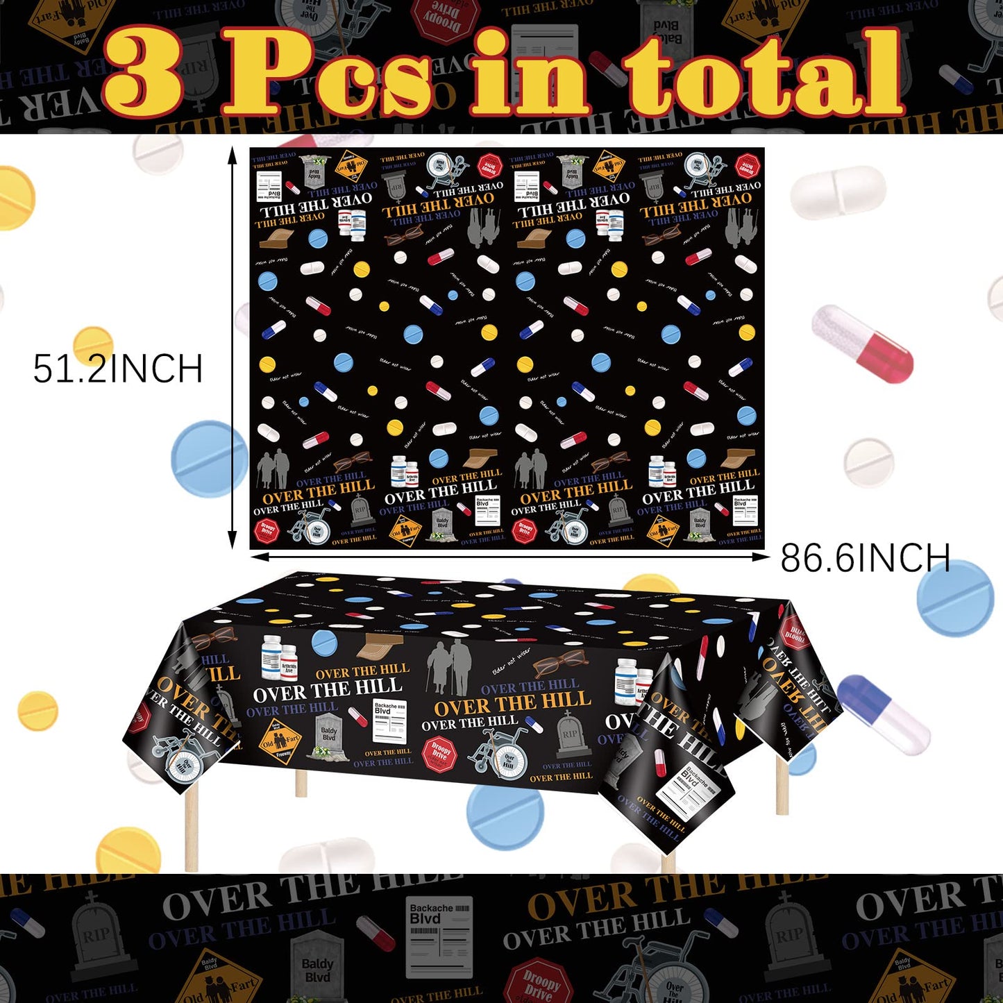 3 Pcs Over The Hill Party Supplies Old Age Themed Party Tablecloth 50th/ 60th/ 70th Birthday Tablecover Plastic Disposable Recta