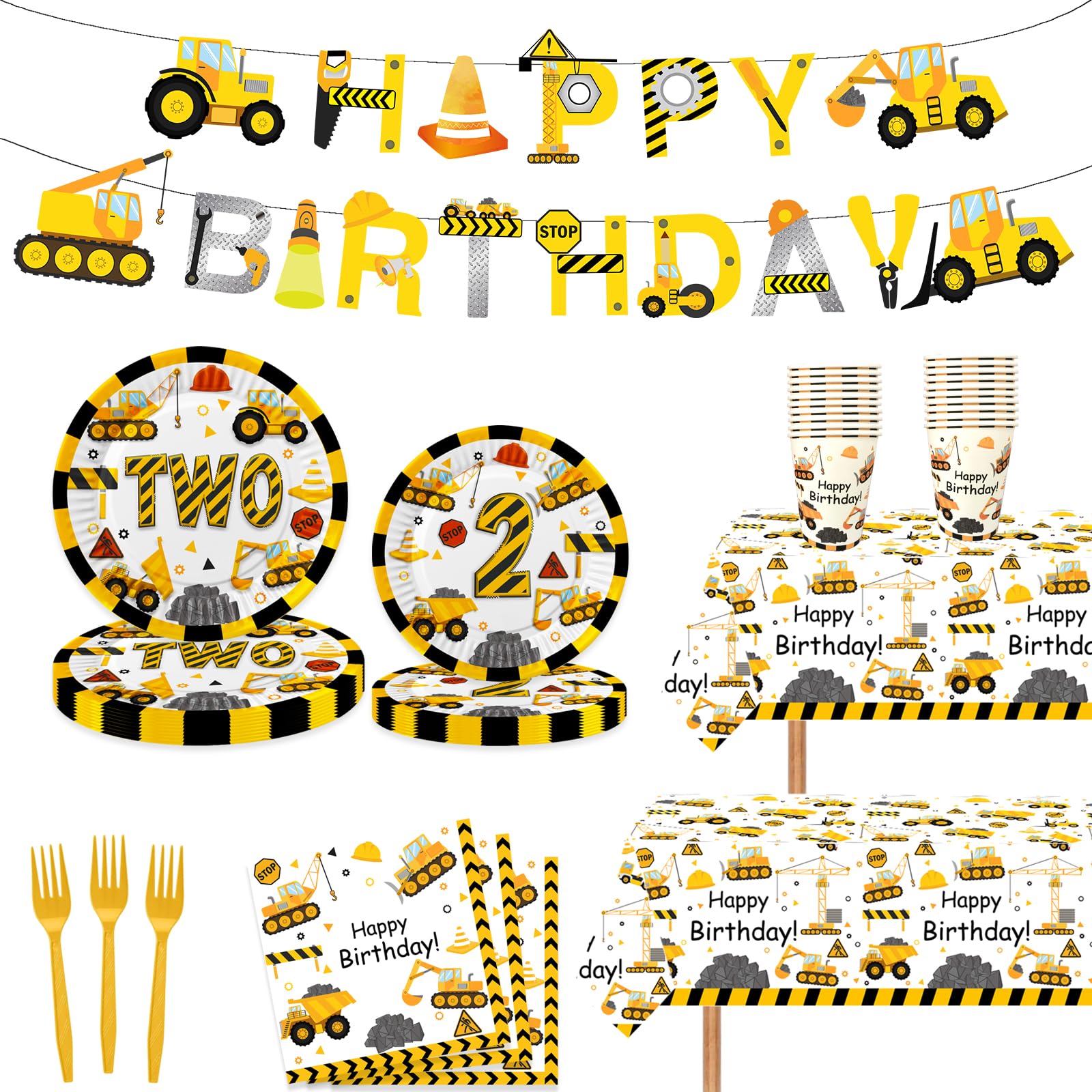 118pcs Construction 2nd Birthday Decor Construction Two Years Old Paper Dinner Plates Napkins Forks Cups Tablecloth Banner Dinne