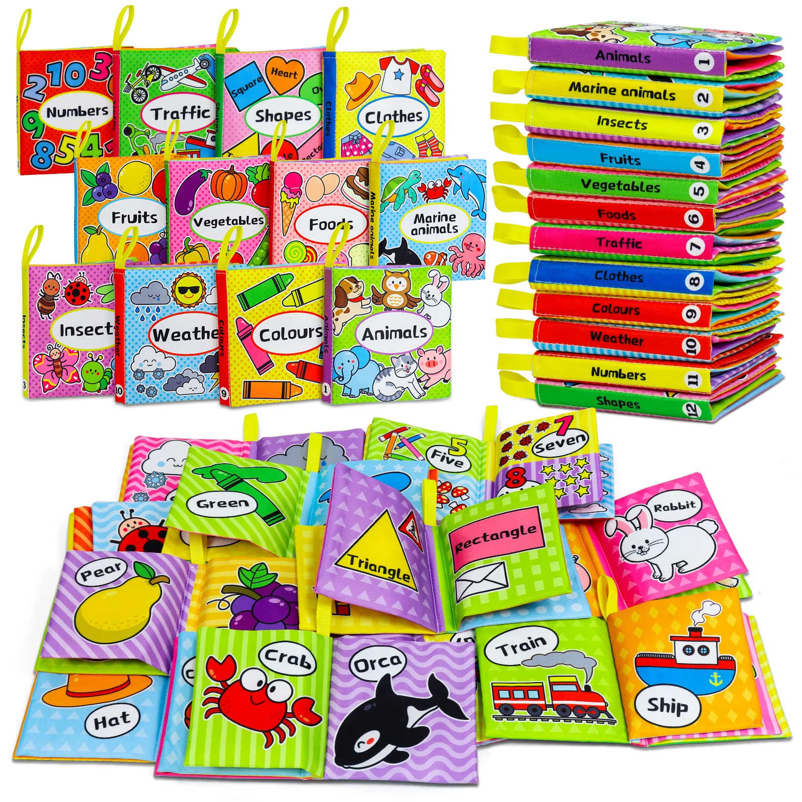 Okooko Soft Baby Books 12Pcs Soft Cloth Books Bath Books Crinkle Washable Non-Toxic Early Education Preschool Learning Toy For Newborns Babies Infants Toddlers Kids