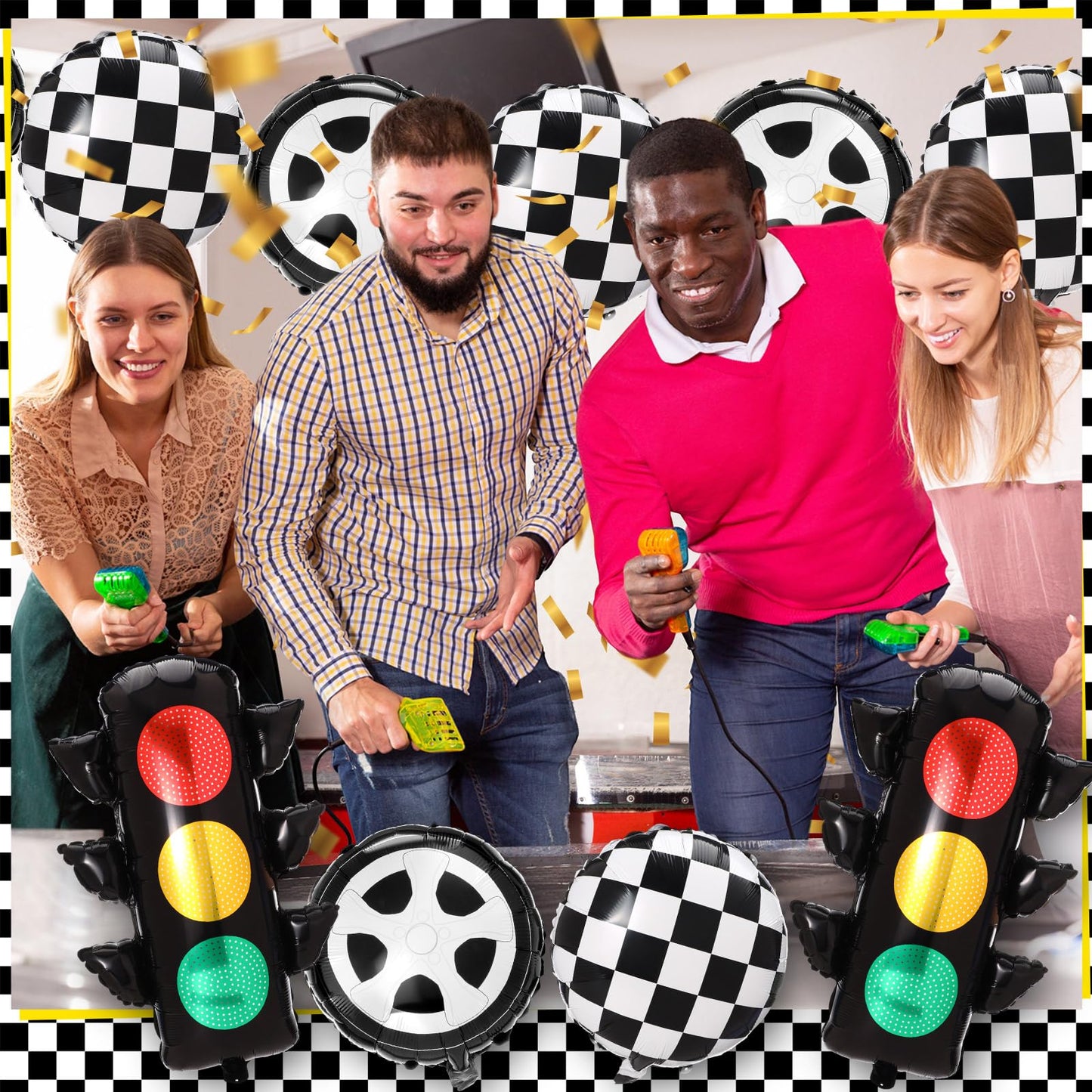 Charnoel 22 Pcs Race Car Balloons Inflatable Traffic Light, Foil Checkered and Tire Balloons, Transportation Decor for Construct