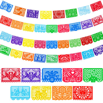 Boao 4 Packs 65.6 Feet Cinco De Mayo Party Decorations Mexican Banner Fiesta Plastic Papel Picado Banner Garland Dia De Los Muer