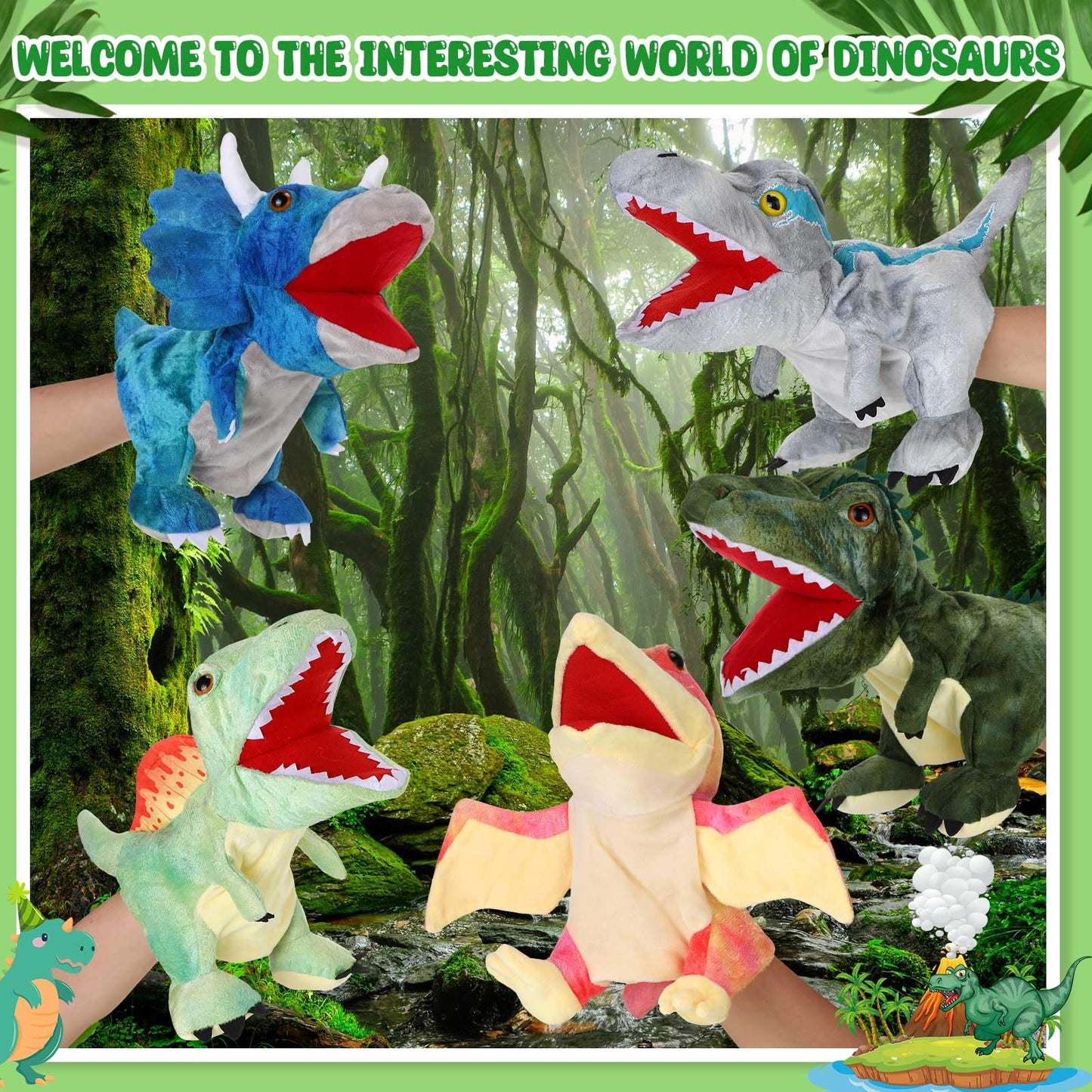 Wettarn 10 Pieces Dinosaur Hand Puppets 11.8 Inch Plush Stuffed Animals with Open Movable Mouth, Stuffed Animal Puppets Interact