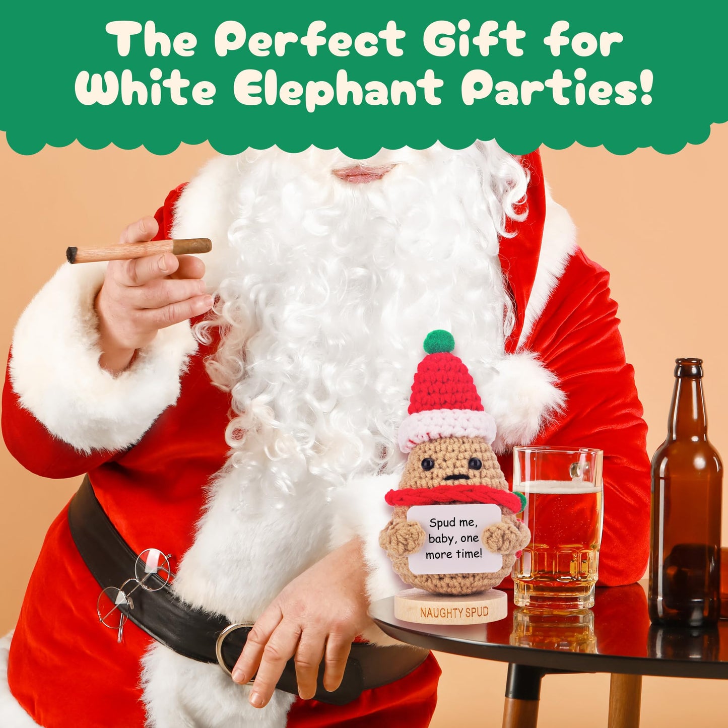 White Elephant Dirty Santa Gifts For Adults - Naughty Santa Crochet Potato With 30 Funny Signs | Secret Santa Gag Gift Idea For