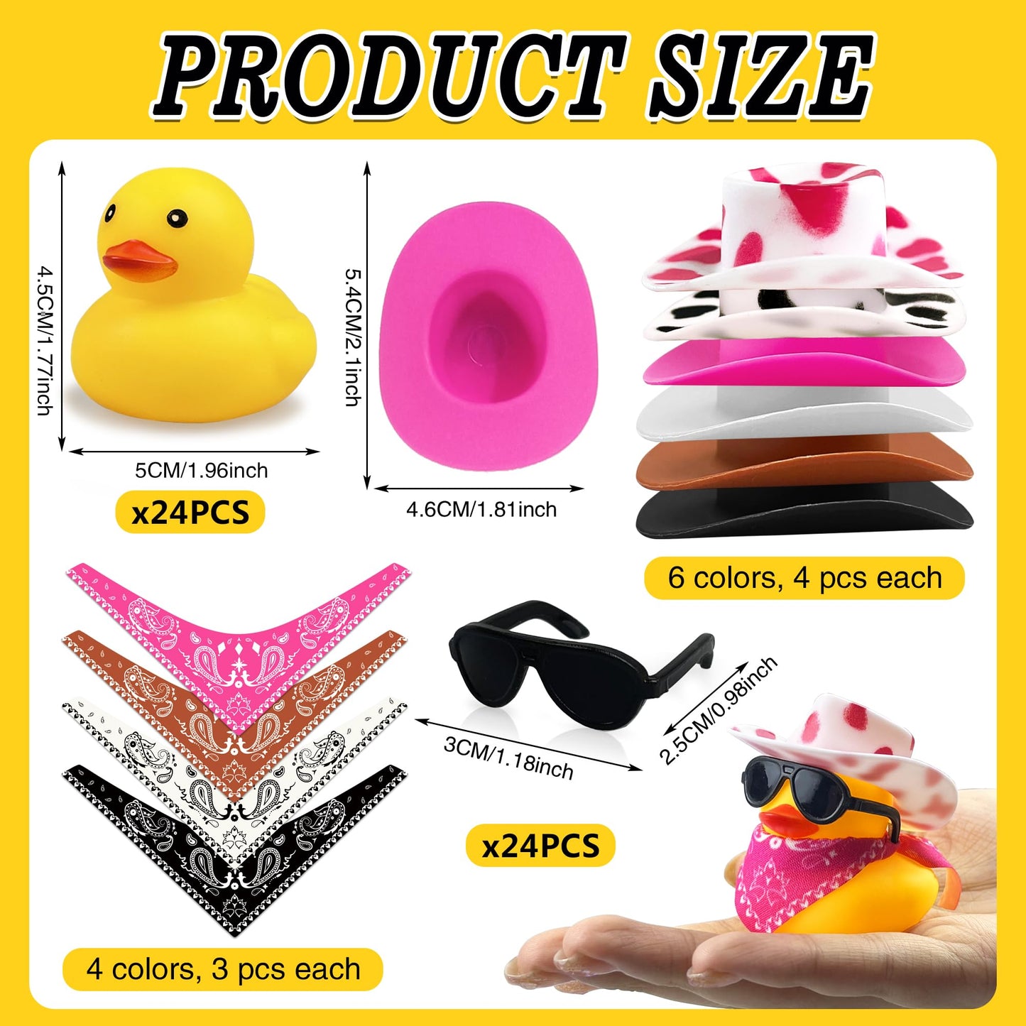 24 Sets Disco Cowboy Rubber Ducks With Scarf Hat And Sunglasses Mini Bath Duck Toys For Birthday Swimming Party Gift Favor Decorations