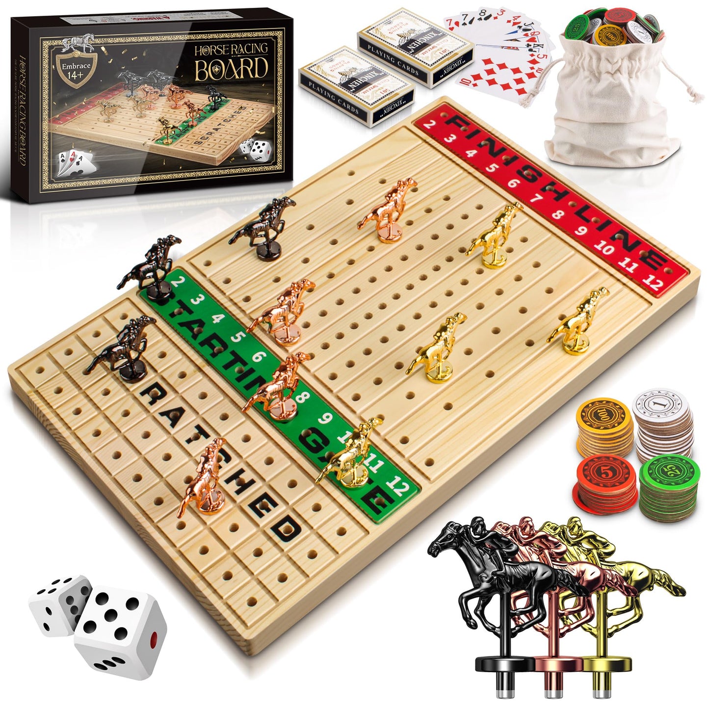 Horse Racing Game, Large Solid Wood Horse Games, Horse Race Board Game With 11 Metal Race Horses, Two Dice And Two Boxes Of Card