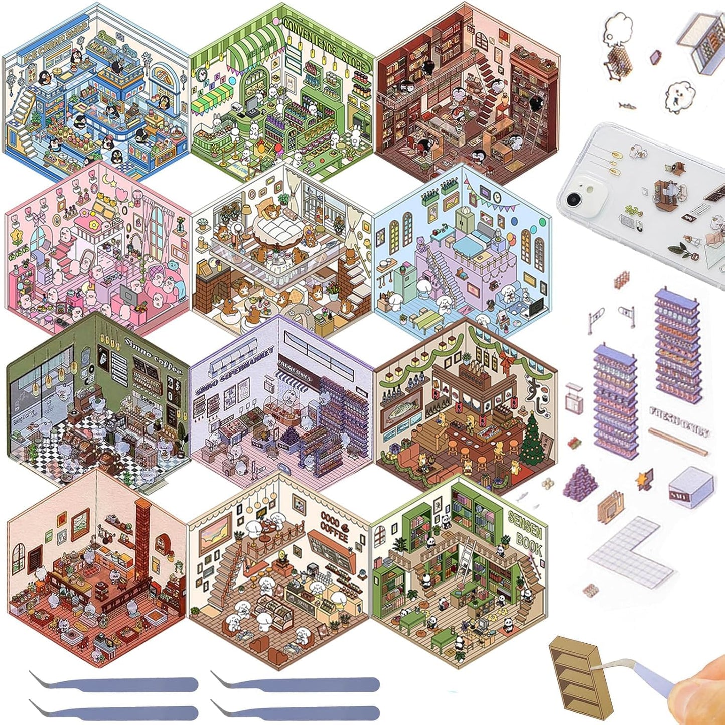 12 Set DIY 3D House Scene Stickers, Fun DIY 3D Sticker Scene Make Your Own Mini Room Coffee Shop Supermarket,Cute Cartoon Miniat