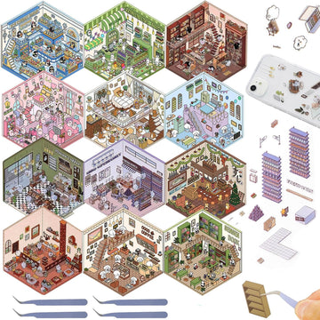 12 Set DIY 3D House Scene Stickers, Fun DIY 3D Sticker Scene Make Your Own Mini Room Coffee Shop Supermarket,Cute Cartoon Miniat