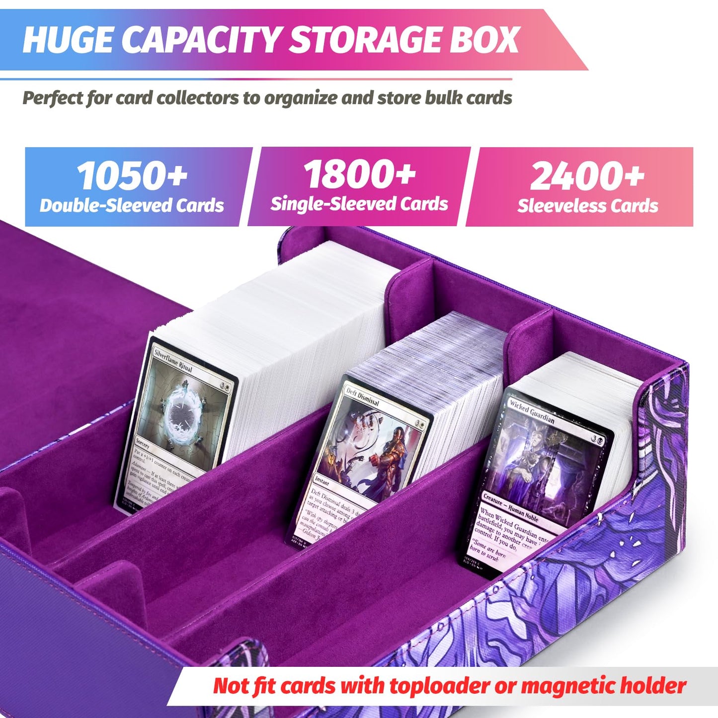 Uaono Card Storage Box For Mtg, Trading Card Deck Box Holds 1800+ With 6 Dividers, Leather Printing Magnetic Closure Card Storage Case Fits Tcg Ccg Sports Cards (Violet, Lotus)