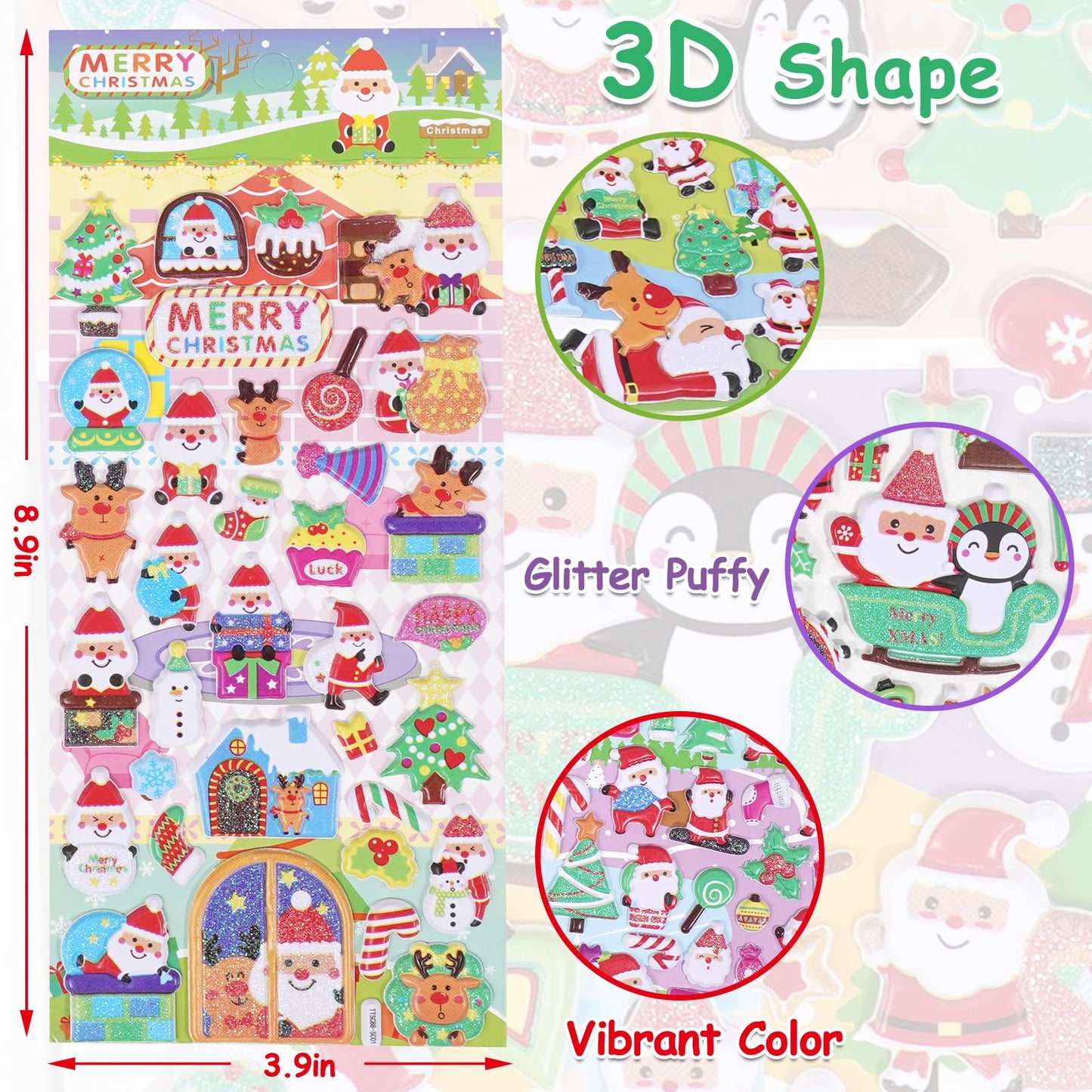 Christmas 3D Puffy Stickers For Kids Toddlers Crafts, Small Xmas Bulk Stickers For Cards Envelopes , Mini Foam Christmas Stickers With Glitter Santa Snowman Trees, Winter Holiday Stickers 8 Sheets.