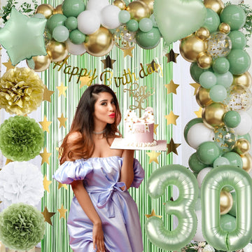 Sage Green 30Th Birthday Decorations,Olive Green Gold Balloon Garland,Happy Birthday Banner,Tissue Pom Pom,Foil Backdrop,Cake Topper For Women Her Boho Neutral Green 30Th Birthday Anniversary Supplies