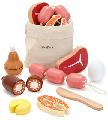 Pairpear Wooden Toys Play Food Sets For Kids Kitchen, Kids Toy Food Cutting Meat Set For Toddlers 3+ Years Old, Pretend Food Pla