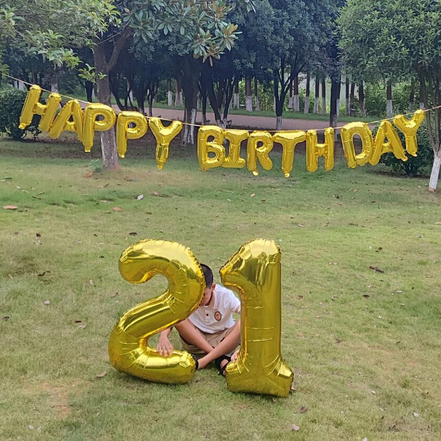 SHUNTAI 21st Birthday Decorations - Gold Jumbo Foil Number Balloons & Happy Birthday Banner, Model SHUNTAI-N21, 12 Balloons