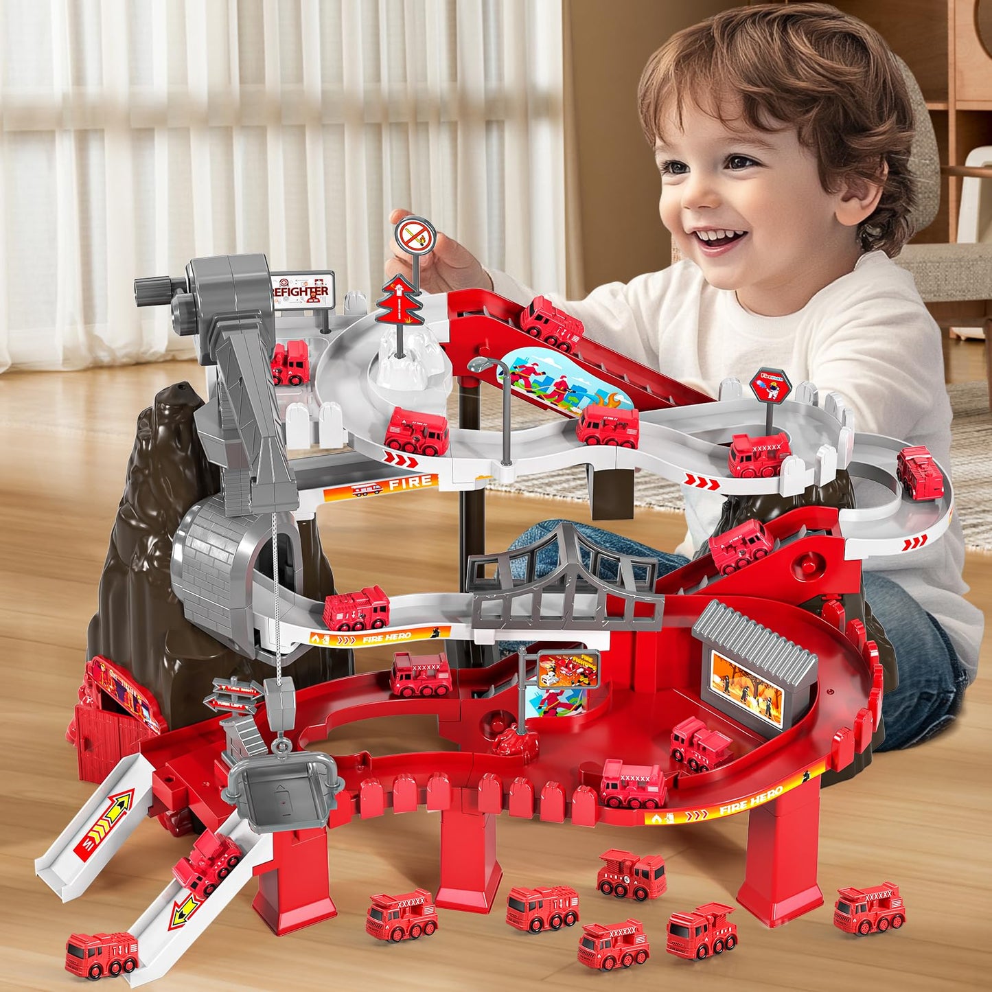 JUKUDAHU Boys Fire Car Race Tracks Playset for 3-8 Years Old - Rolling Hill Car Ramp Toy for 3-7 Year Old Kids, Toddler Racing T
