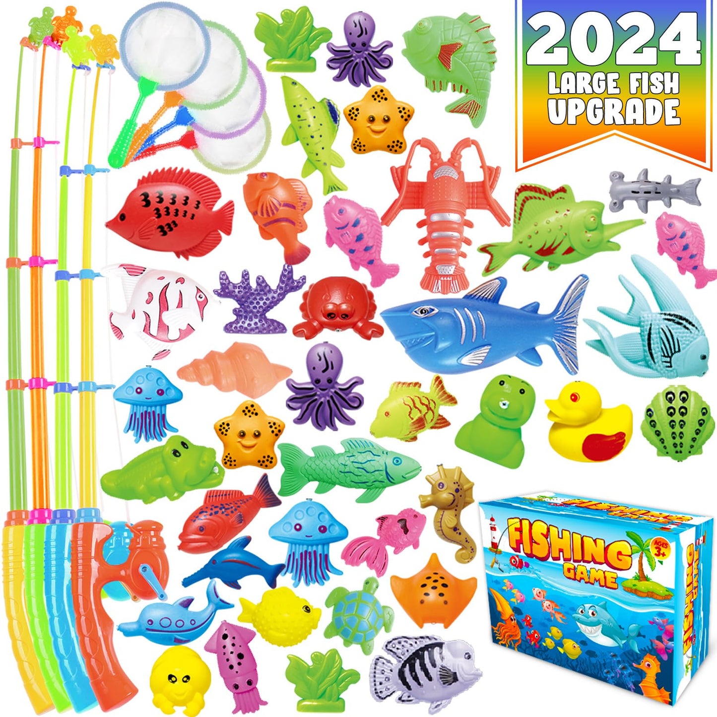 Cozybomb Magnetic Fishing Toys Game Set For Kids | Water Table Bathtub Kiddie Pool Party & Pole Rod Net, Plastic Floating Fish T