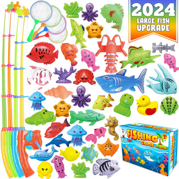 Cozybomb Magnetic Fishing Toys Game Set For Kids | Water Table Bathtub Kiddie Pool Party & Pole Rod Net, Plastic Floating Fish T