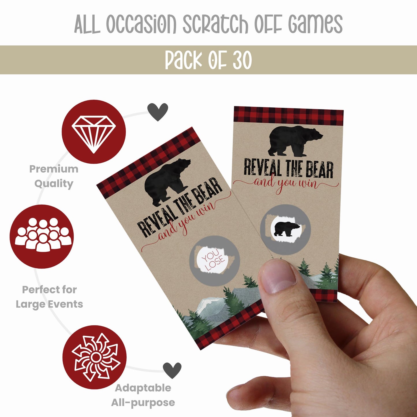 Paper Clever Party Baby Shower Games For Boy - 30 Cards - Fun Scratch Off Game For Guest Activities To Reveal Prizes, Lumberjack Favors Ideas, Mama Bear Theme Red And Black
