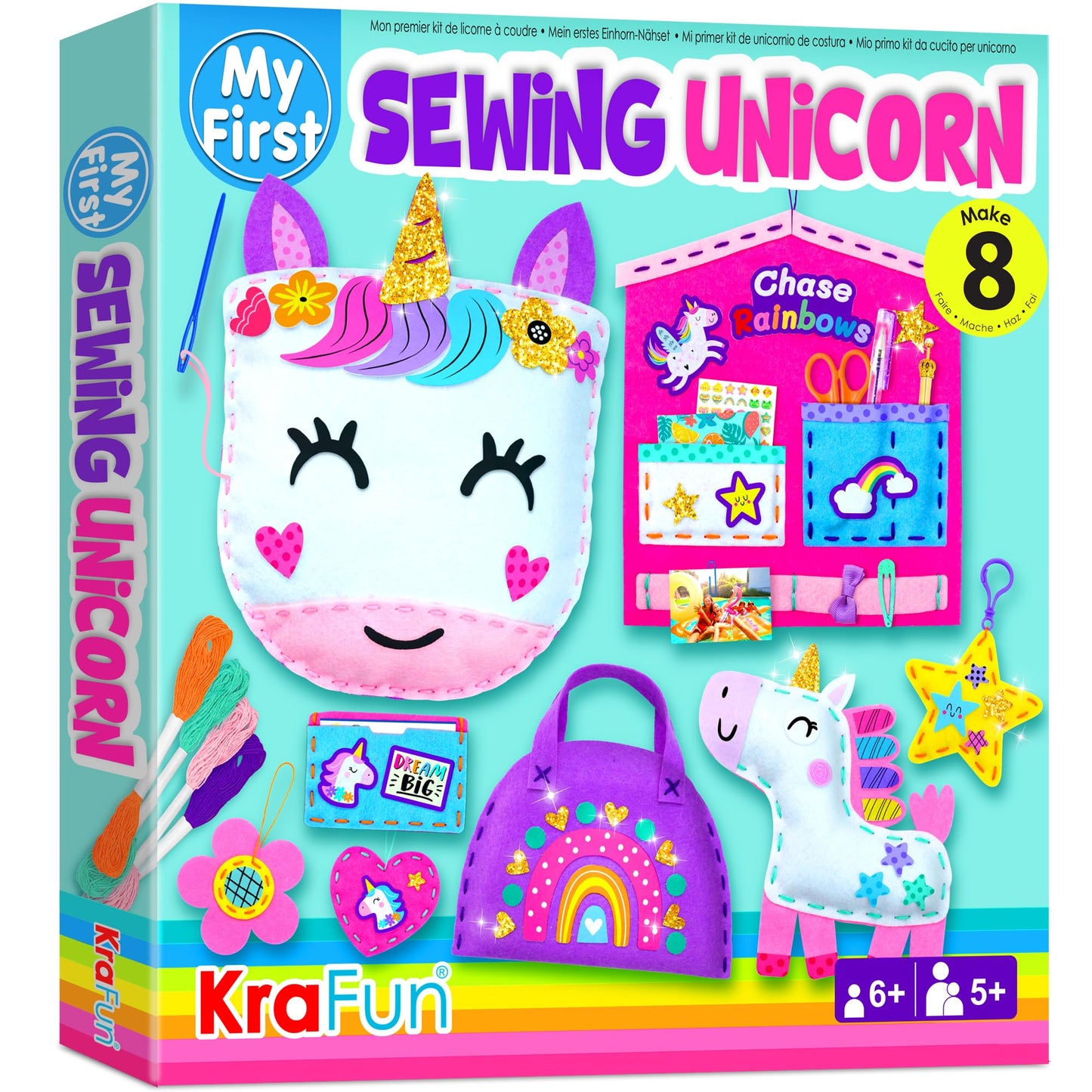 KRAFUN My First Unicorn Kids Sewing Kit - 5 Plush Projects, Beginner Arts & Crafts, Includes Felt & Instructions, Model 89767