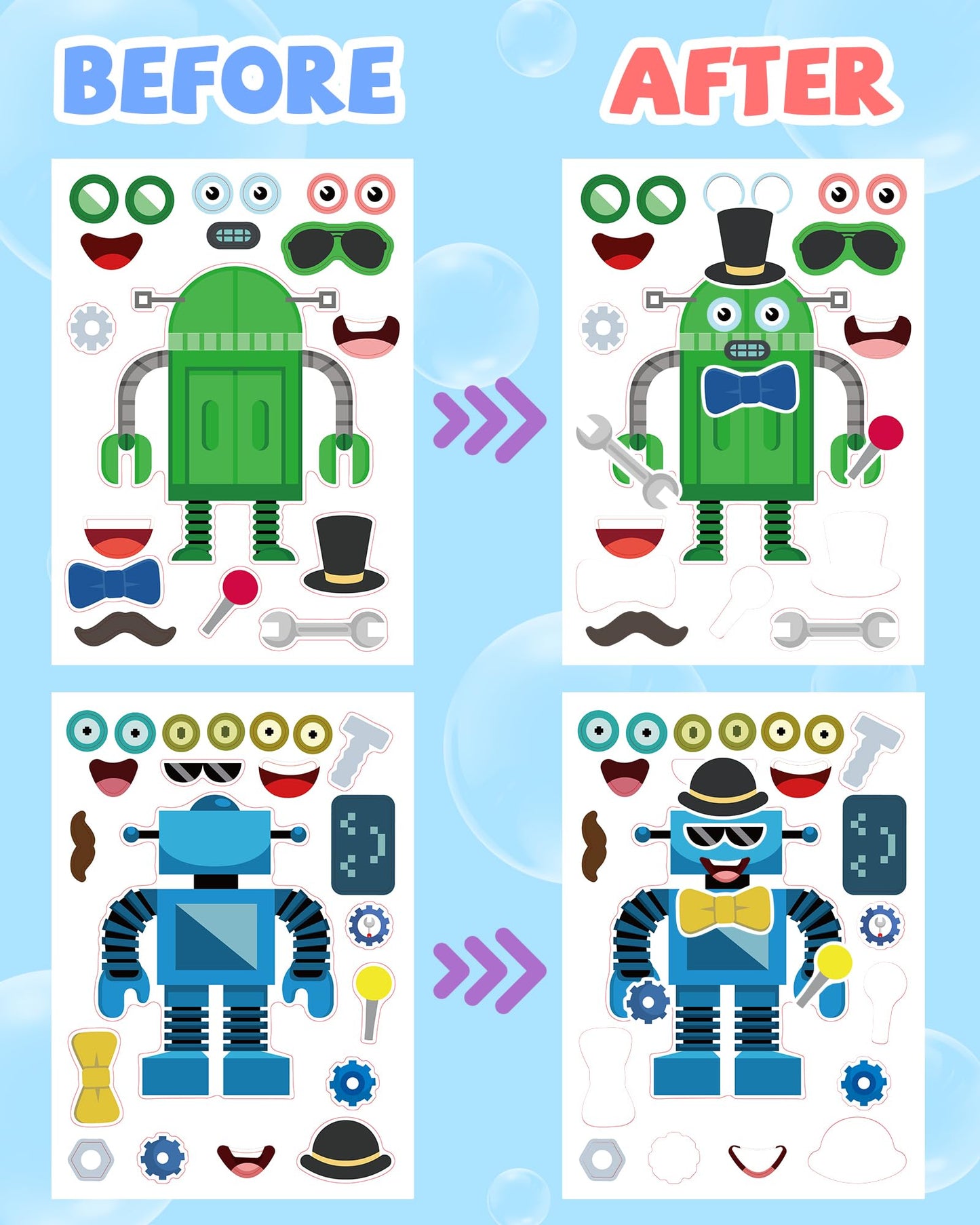 24 Pcs Make Your Own Robot Sticker Sheets For Kids, Robot Face Stickers For Kids Toddlers Crafts Activities Gifts Goodie Bags Bi