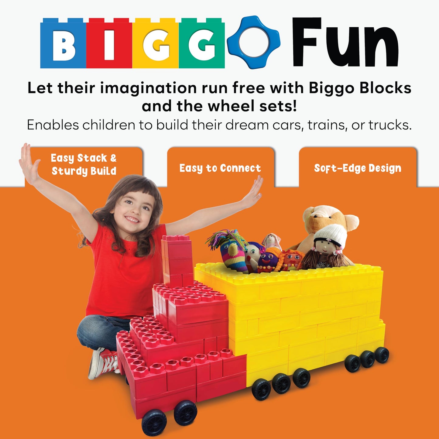 Big Building Blocks - Blocks and Wheels - Toddlers and Kids Ages 4-8 - Large Indoor Outdoor Games - 10 PC Wheel Set