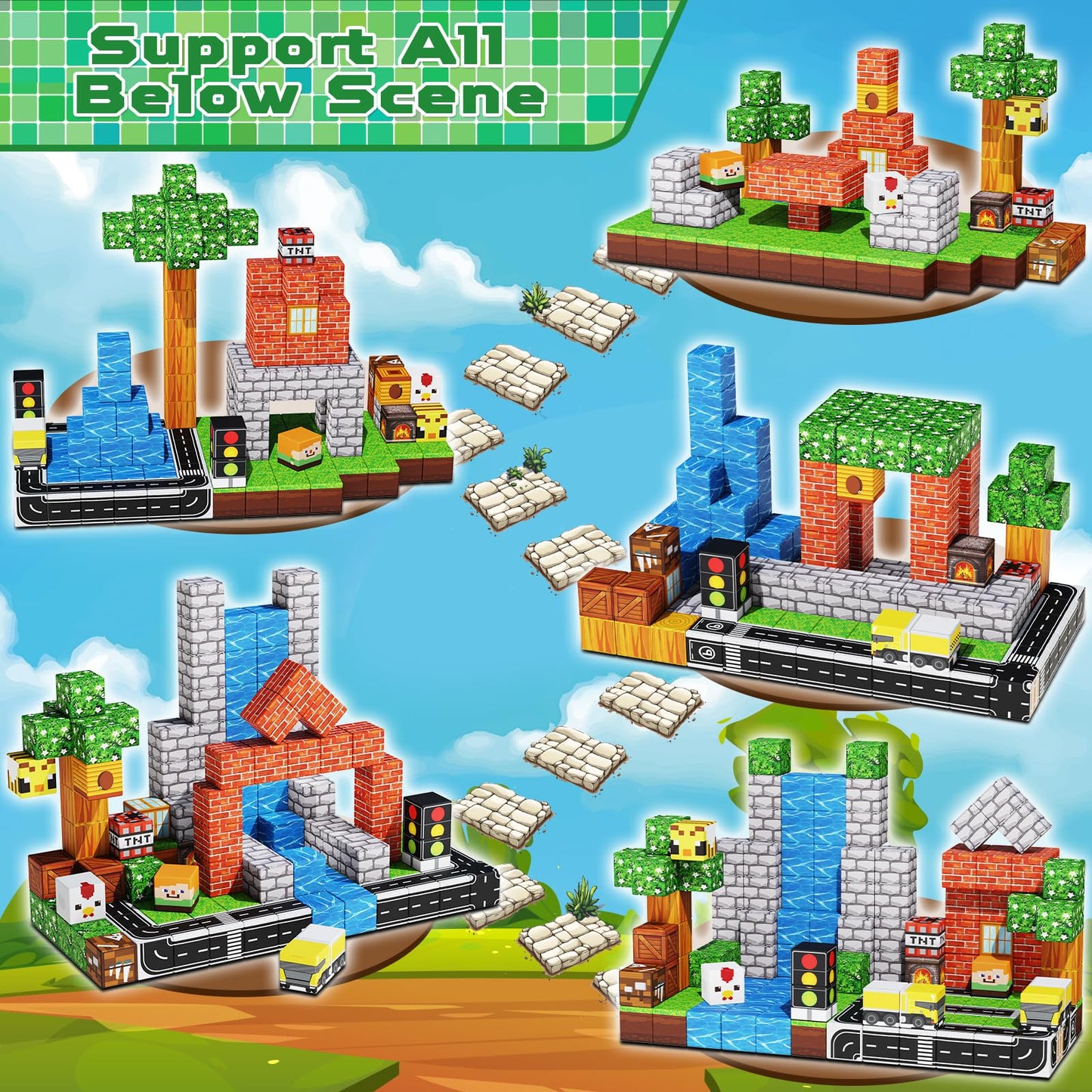 Magnetic Blocks - 150Pcs Magnetic Building Blocks Road Forest Magnetic Cubes - Magnetic Toys For Montessori Toddler Birthday Gif